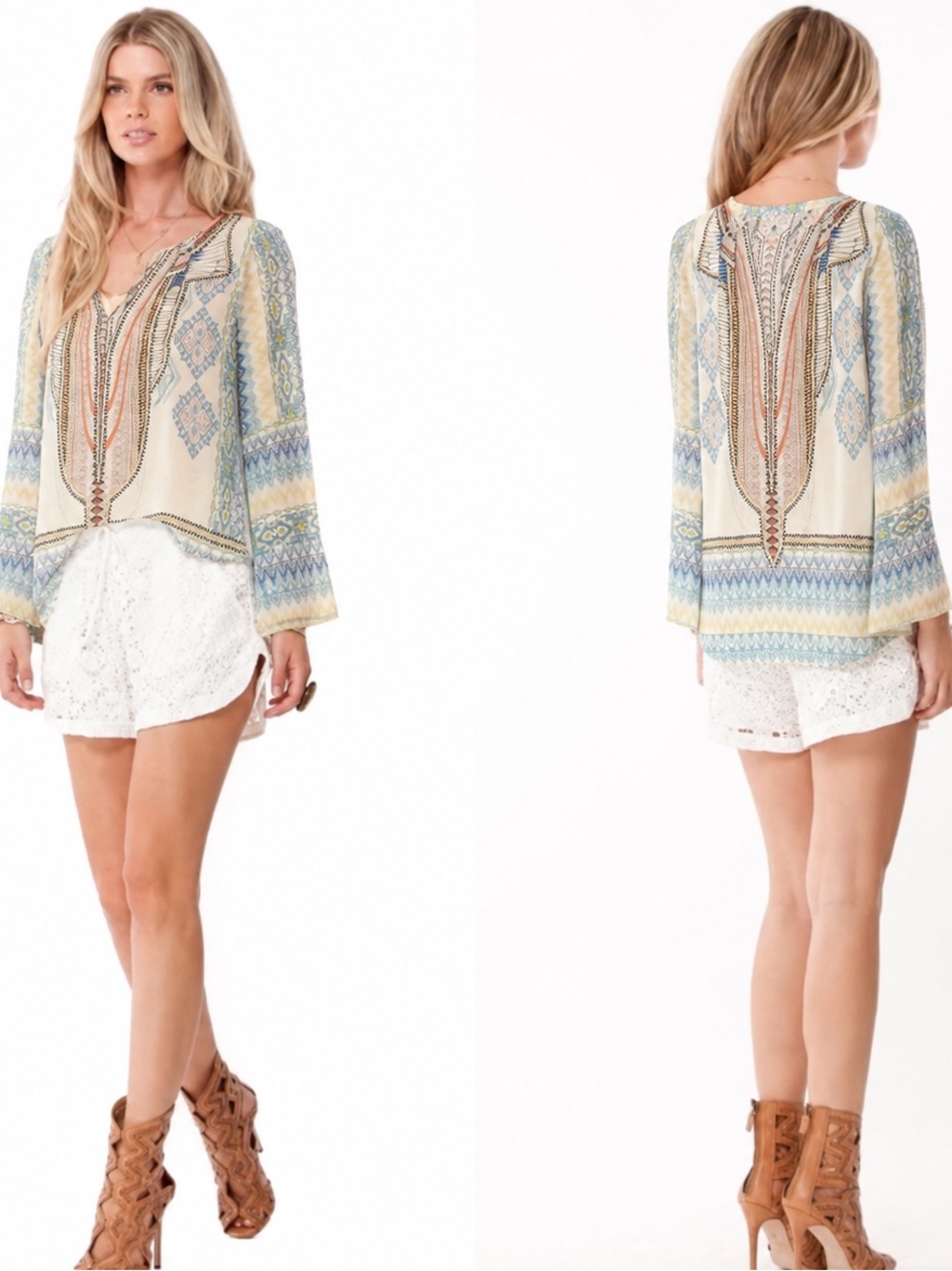 Hale Bob Womens Renata Silk Printed Blouse S Blue Bohemian Resortwear Lagenlook
